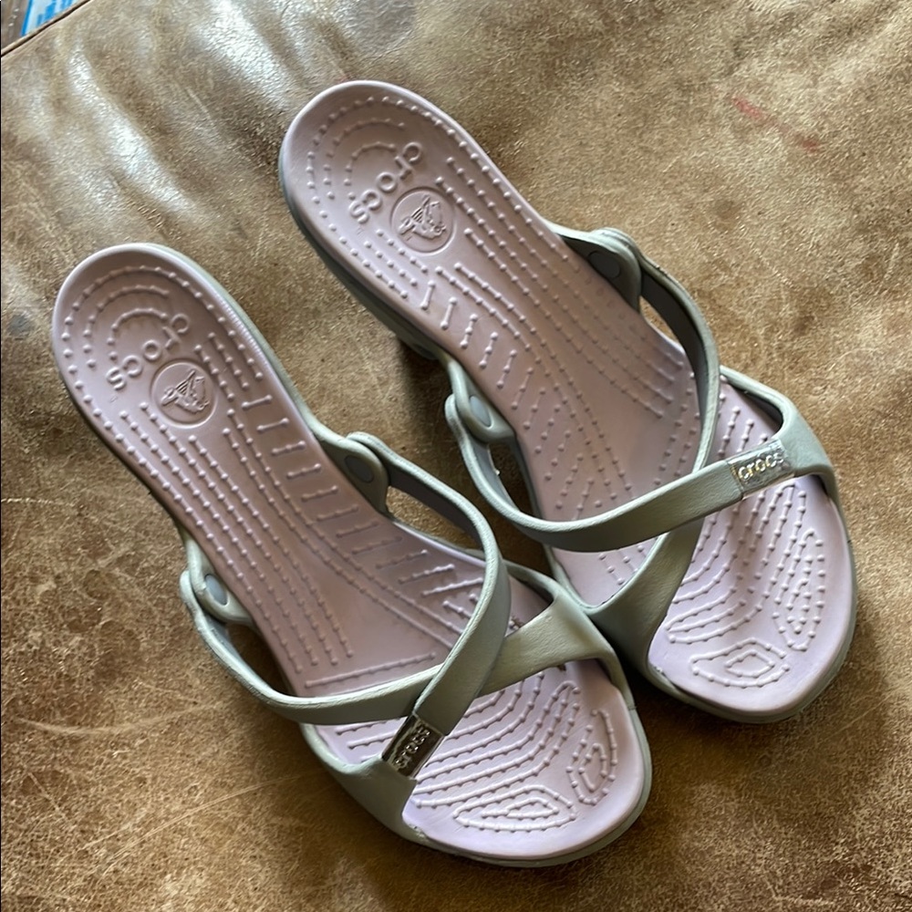 Crocs Women's Gray And Lilac Heels. Good Condition. Size 9.
